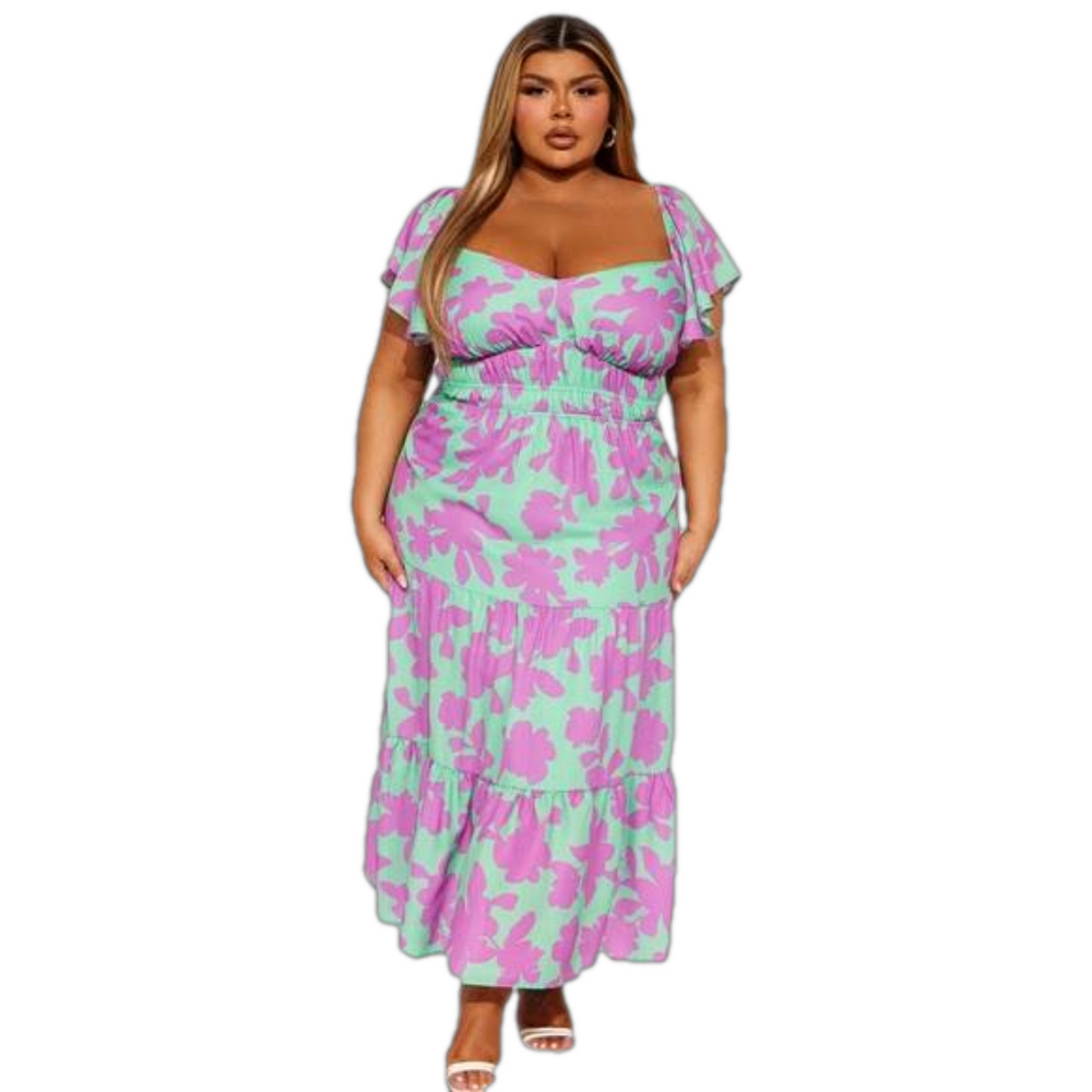 💜 FASHION NOVA CHIFFON MAXI DRESS WITH SHORT FLUTTER SLEEVES AND SMOCKED WAIST - Picture 4 of 8